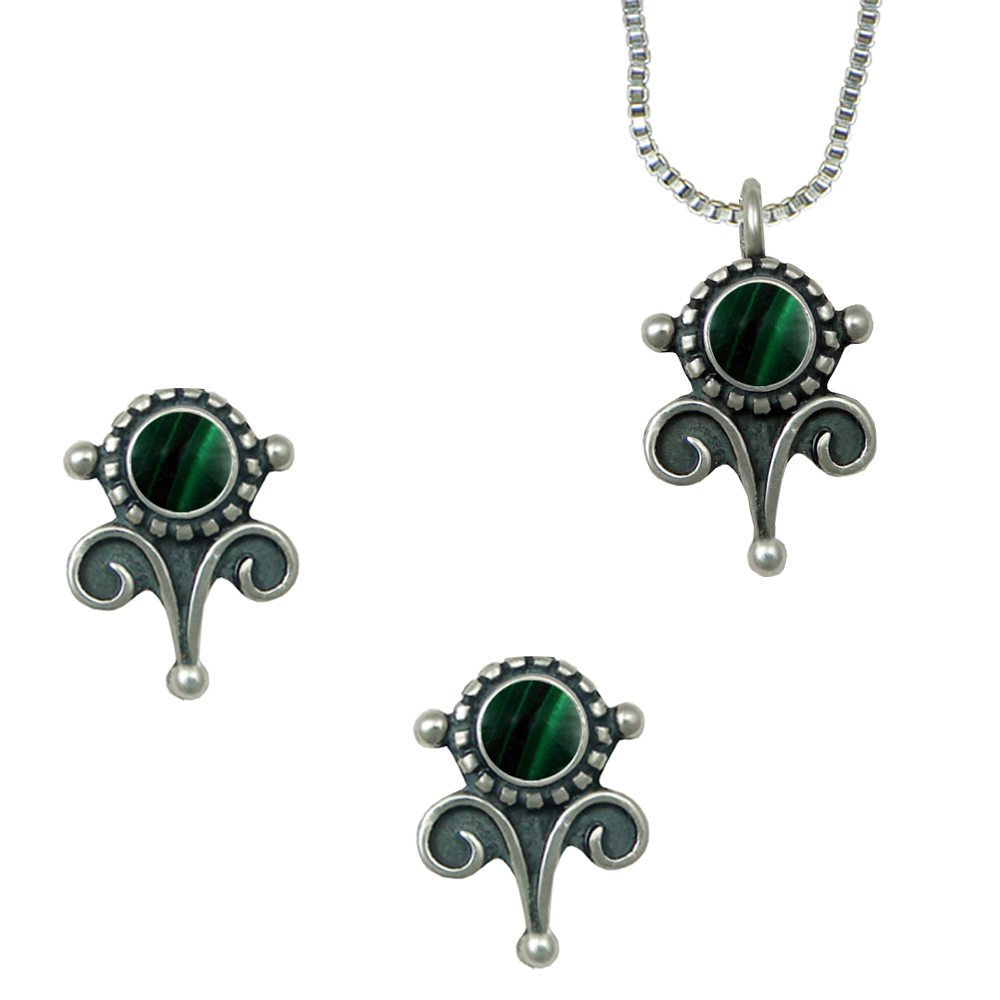 Sterling Silver Necklace Earrings Set Malachite